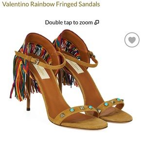 Valentino rockstud rolling fringe 100mm tan suede leather sandals heels size 38
